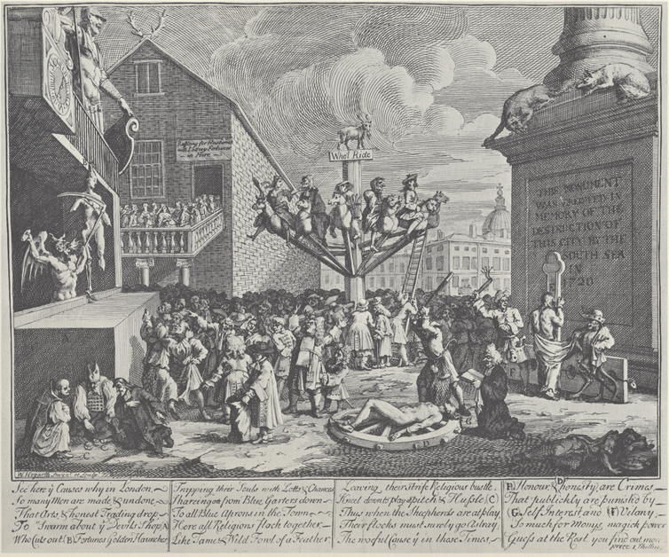 Black and white print by William Hogarth caricaturing the South Sea Bubble.
